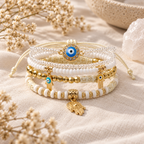 Evil eye and hamsa layered bracelet set in white and gold with beaded details