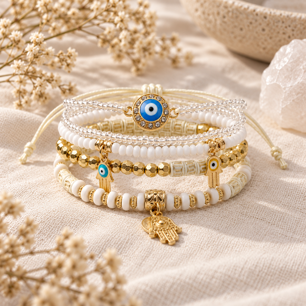 Evil Eye & Hamsa Layered Bracelet Set White & Gold Boho Protection Bracelets