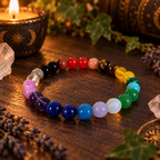 Natural mixed crystal chakra 8mm stretch bracelet with multicolored gemstone beads on a wooden surface