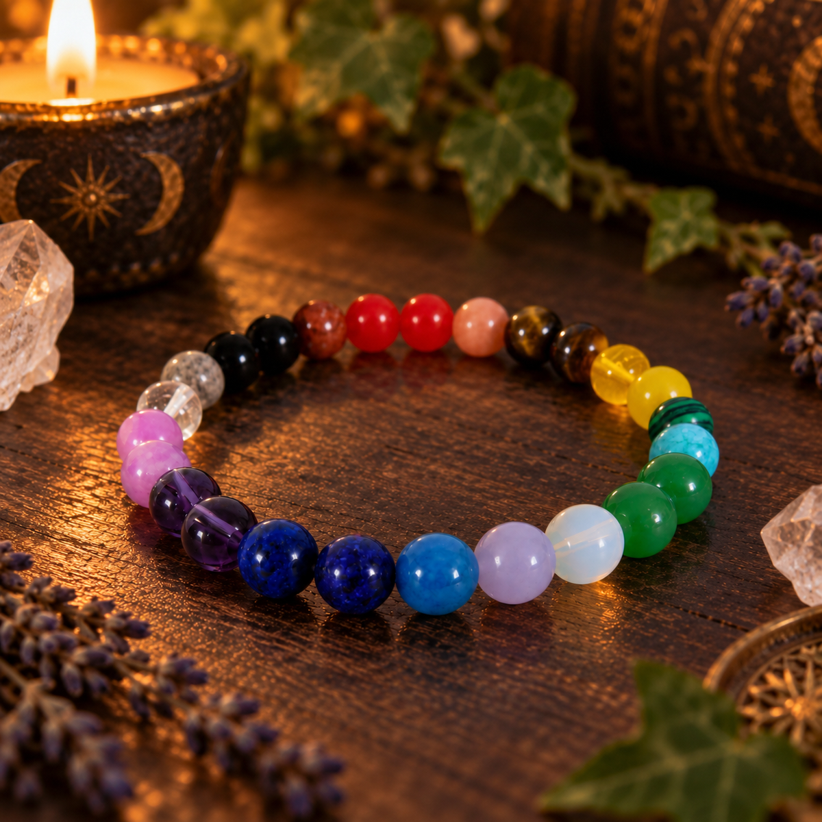 Natural mixed crystal chakra 8mm stretch bracelet with multicolored gemstone beads on a wooden surface