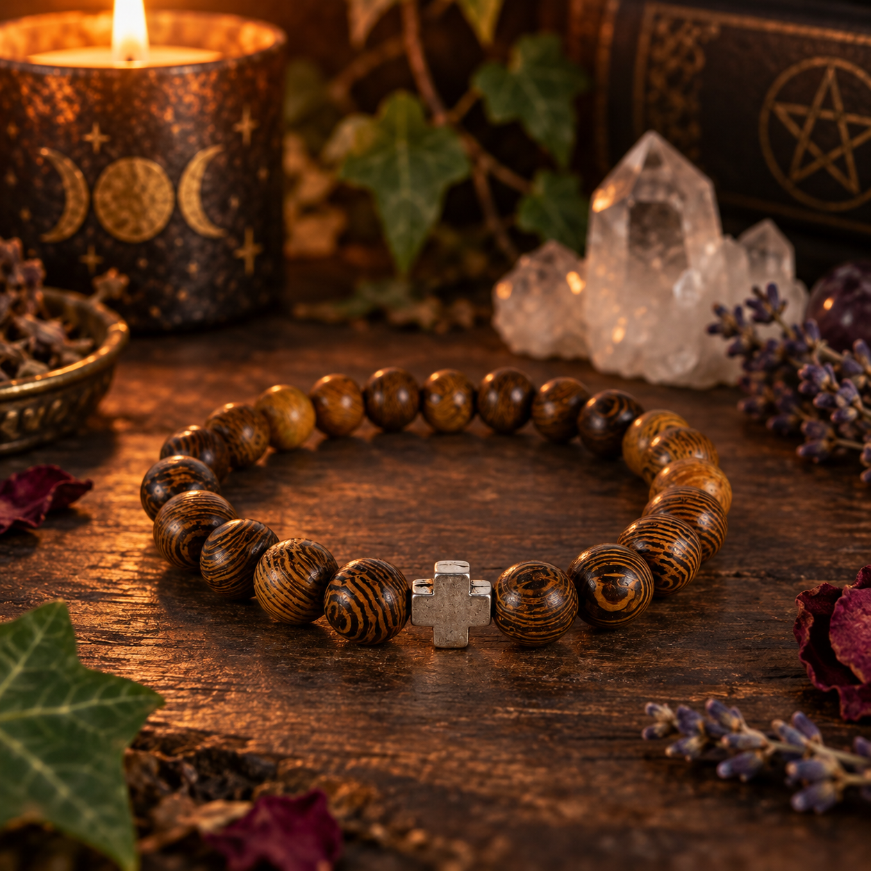 Natural Wood Bead Faith Stretch Bracelet Silver Cross Accent
