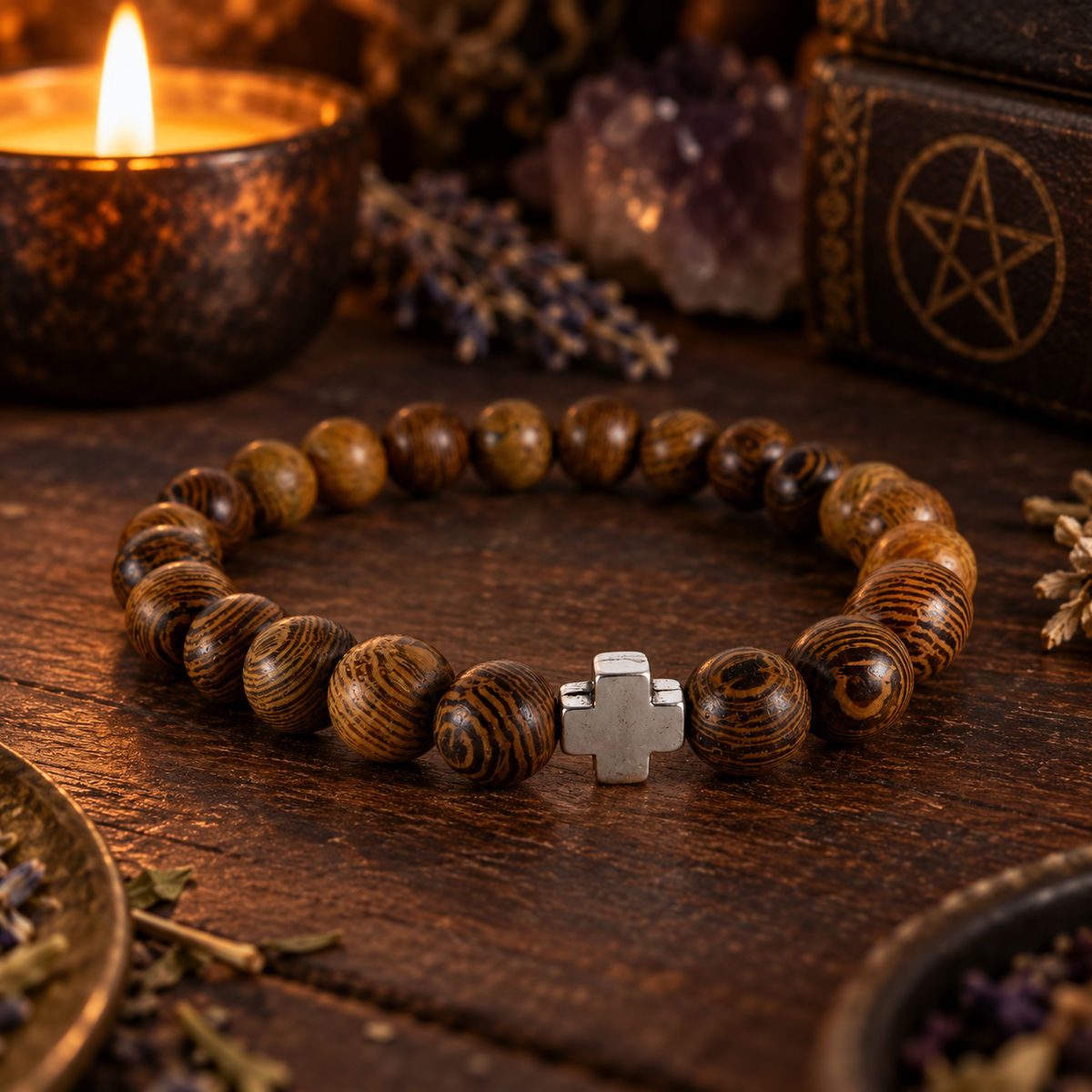 Natural wood bead faith stretch bracelet with a silver cross accent