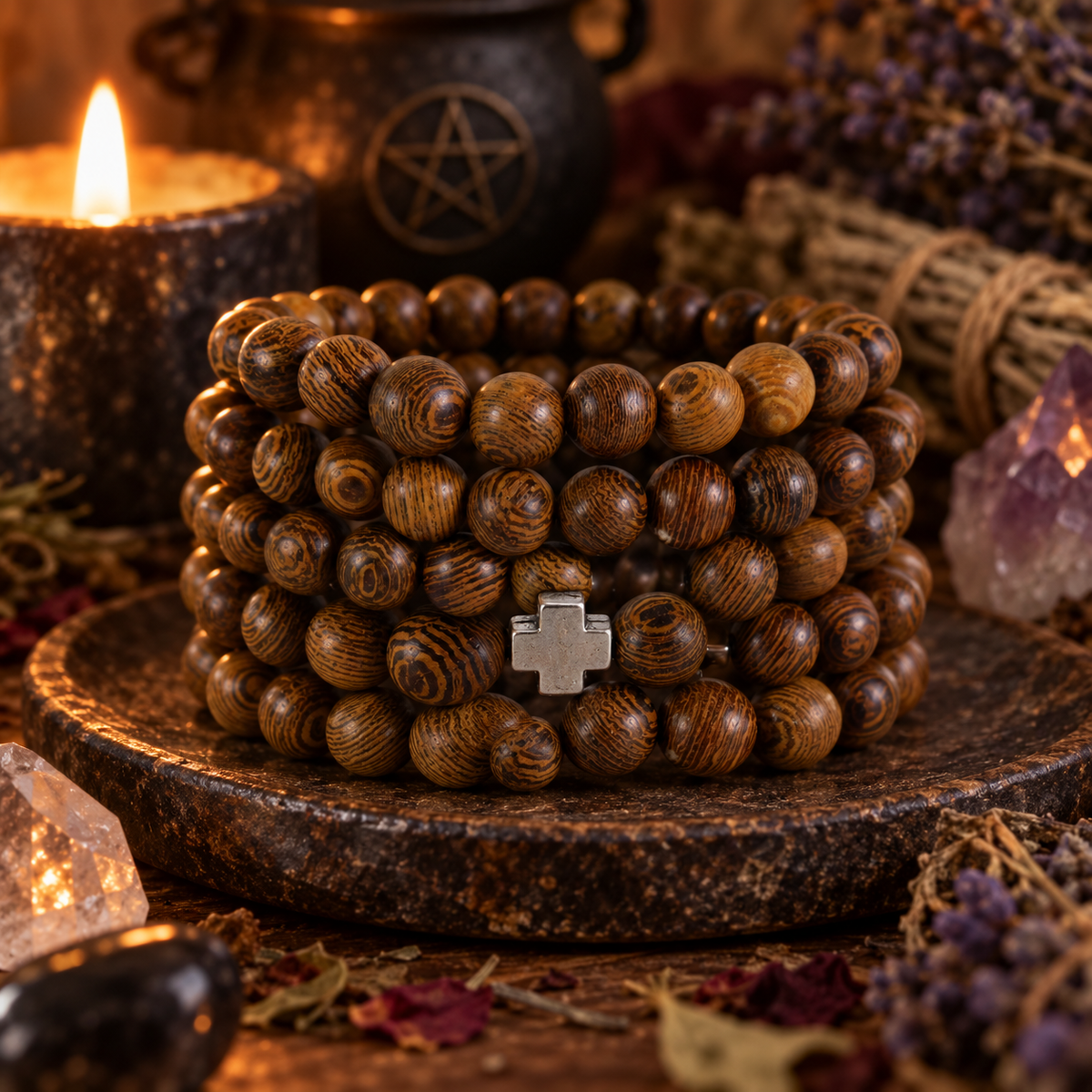 Natural Wood Bead Faith Stretch Bracelet Silver Cross Accent