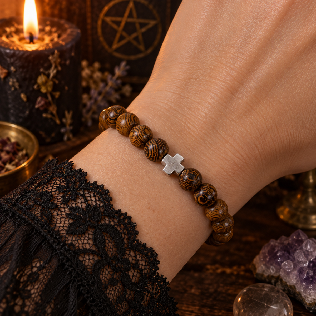 Natural Wood Bead Faith Stretch Bracelet Silver Cross Accent