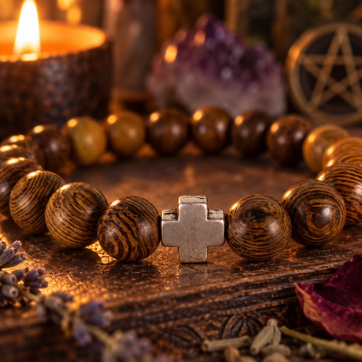 Natural Wood Bead Faith Stretch Bracelet Silver Cross Accent