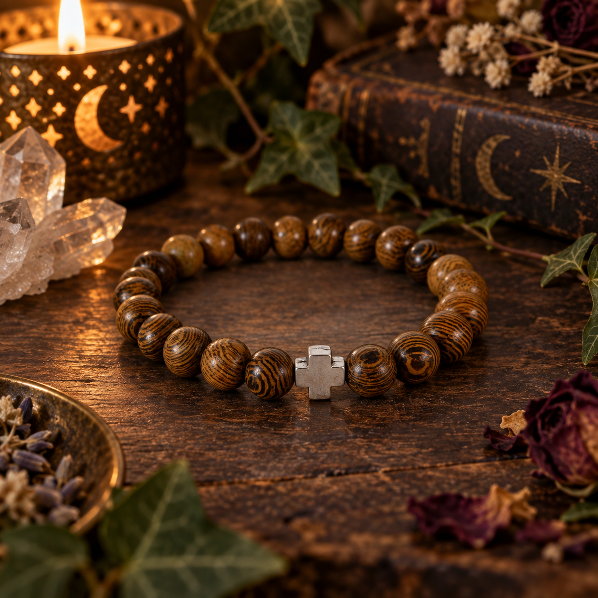 Natural Wood Bead Faith Stretch Bracelet Silver Cross Accent