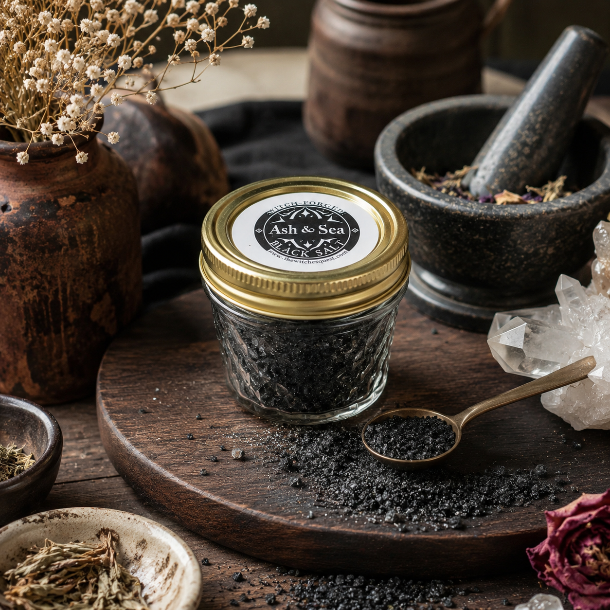 Ash & Sea Witch-Forged Black Salt in Glass Jar Ritual Protection