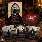 Seasons of the Witch Samhain Oracle deck box and cards displayed on a wooden table with candles