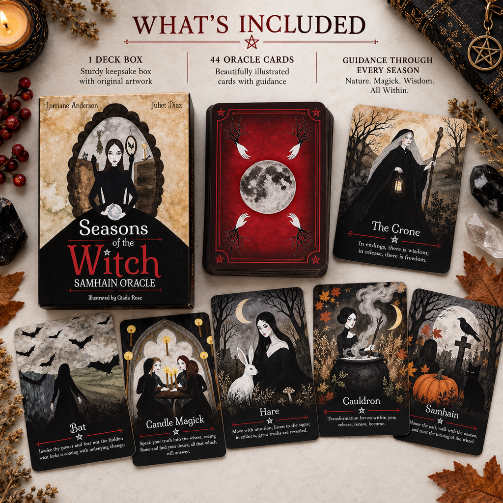 Seasons of the Witch Samhain Oracle deck box and cards featuring illustrated figures and nature themes