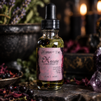 Hecate sacred ritual oil bottle with herbs and berries inside on a dark surface