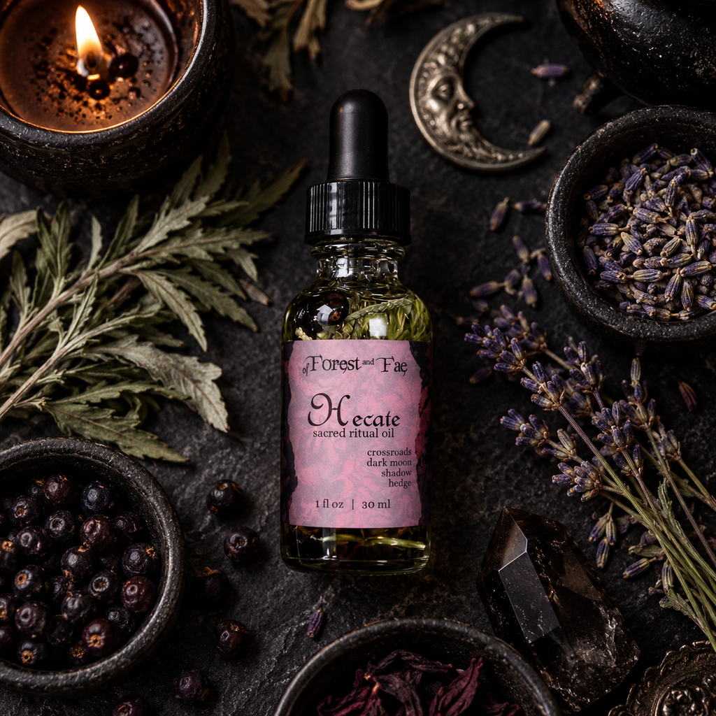 Hecate Sacred Ritual Oil bottle surrounded by dried herbs, berries, a candle, and a crescent moon charm
