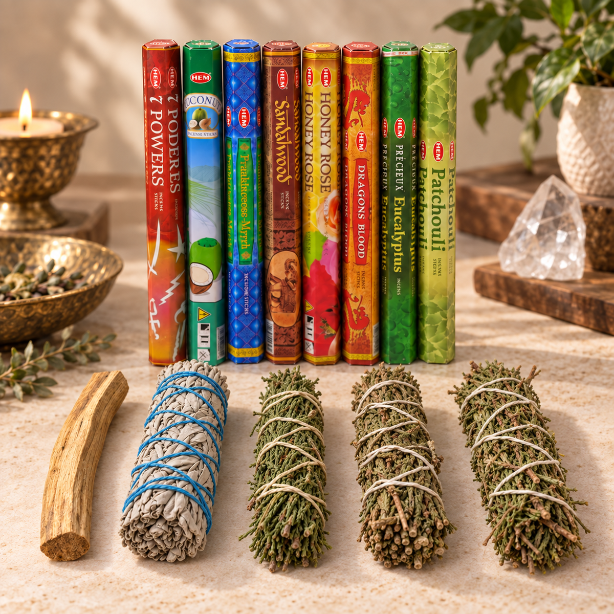 Seven African Powers Incense & Cleansing Bundle 8 HEM Boxes plus Sage, Cedar, Rosemary, Juniper & Palo Santo