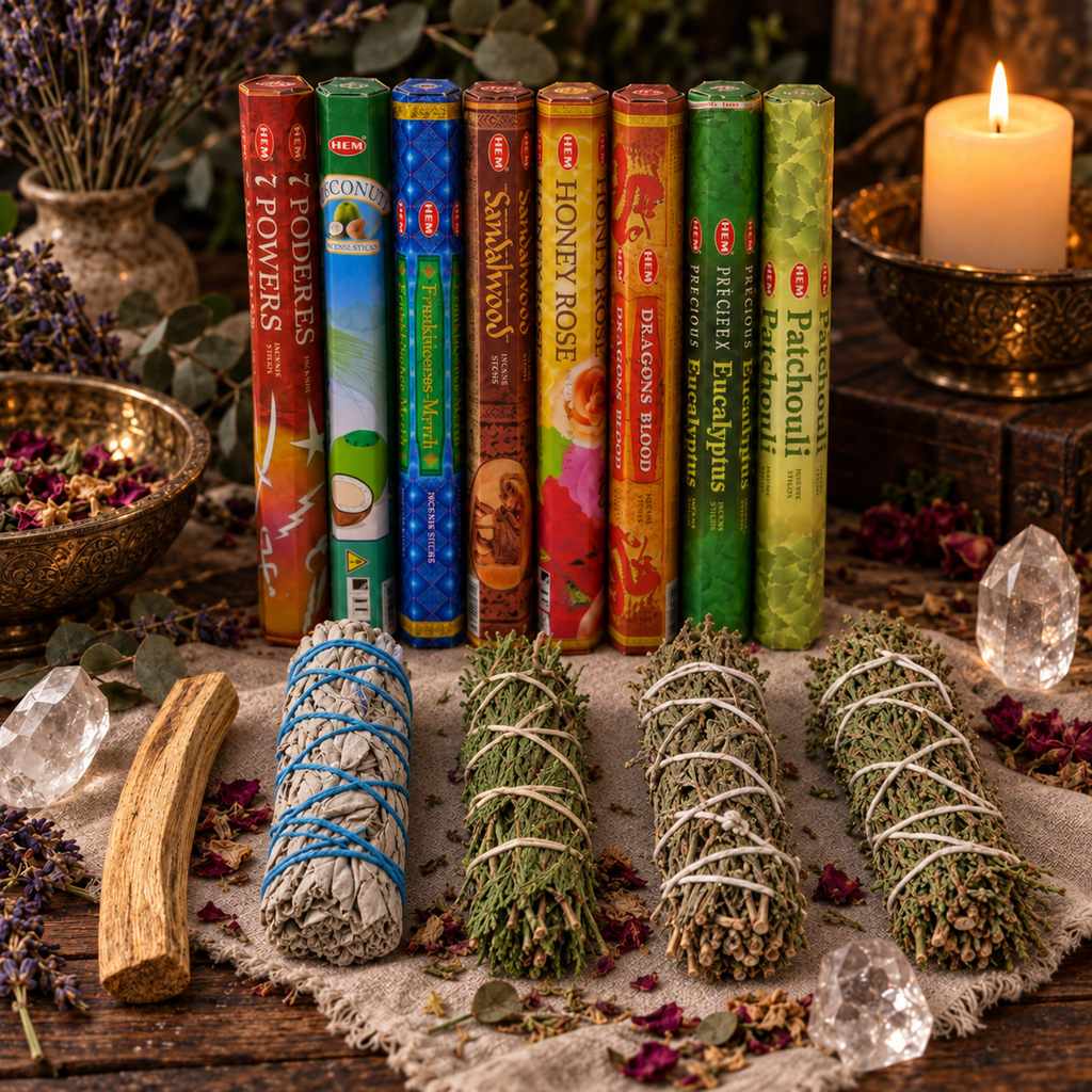 Seven African Powers incense bundle with eight HEM boxes plus sage cedar rosemary juniper and palo santo sticks