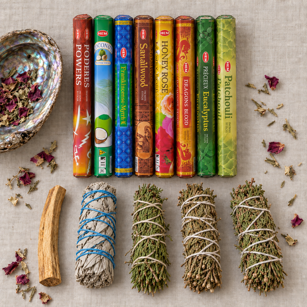 Seven African Powers incense bundle with eight HEM boxes plus sage cedar rosemary juniper and palo santo
