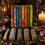 Seven African Powers incense bundle with sage cedar rosemary juniper and palo santo on a dark surface