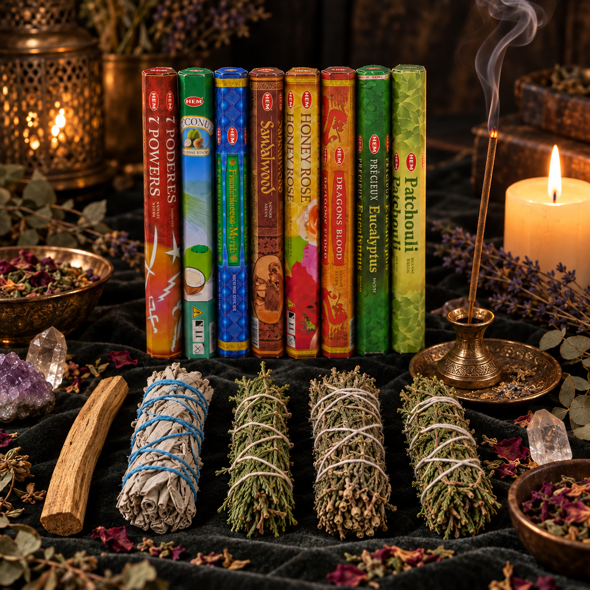 Seven African Powers Incense & Cleansing Bundle 8 HEM Boxes plus Sage, Cedar, Rosemary, Juniper & Palo Santo