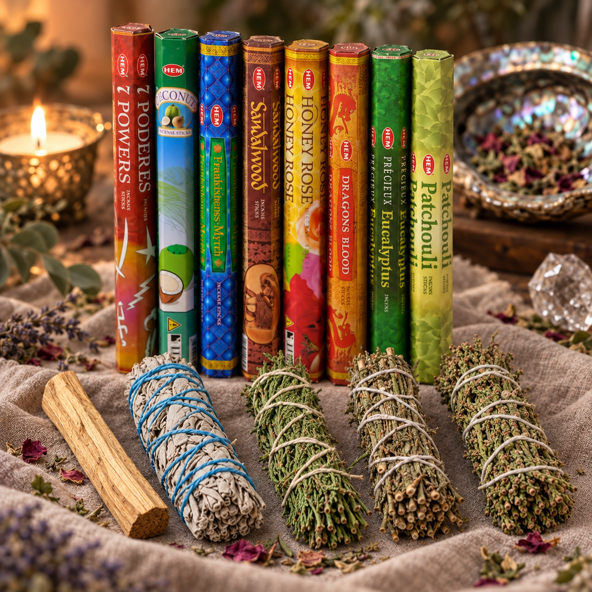 Seven African Powers Incense & Cleansing Bundle 8 HEM Boxes plus Sage, Cedar, Rosemary, Juniper & Palo Santo