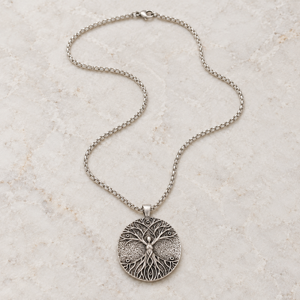 Celtic Tree of Life pendant necklace in alloy on a textured stone background