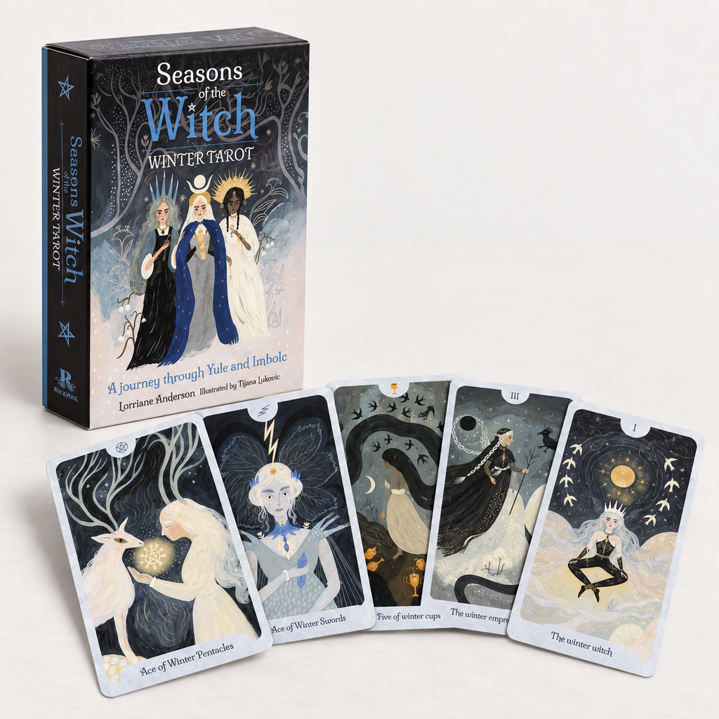 Seasons of the Witch Winter Tarot deck box with five illustrated cards displayed in front