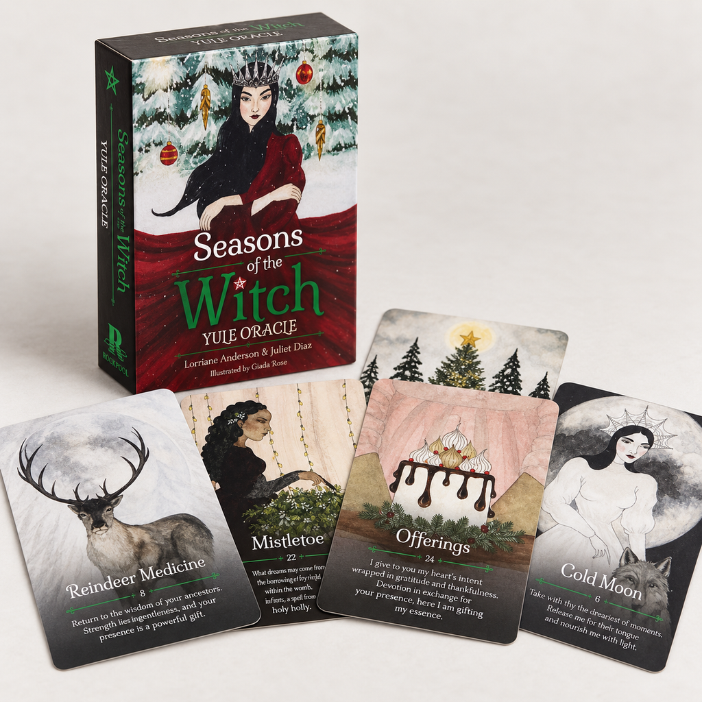 Seasons of the Witch Yule Oracle deck box and four illustrated oracle cards