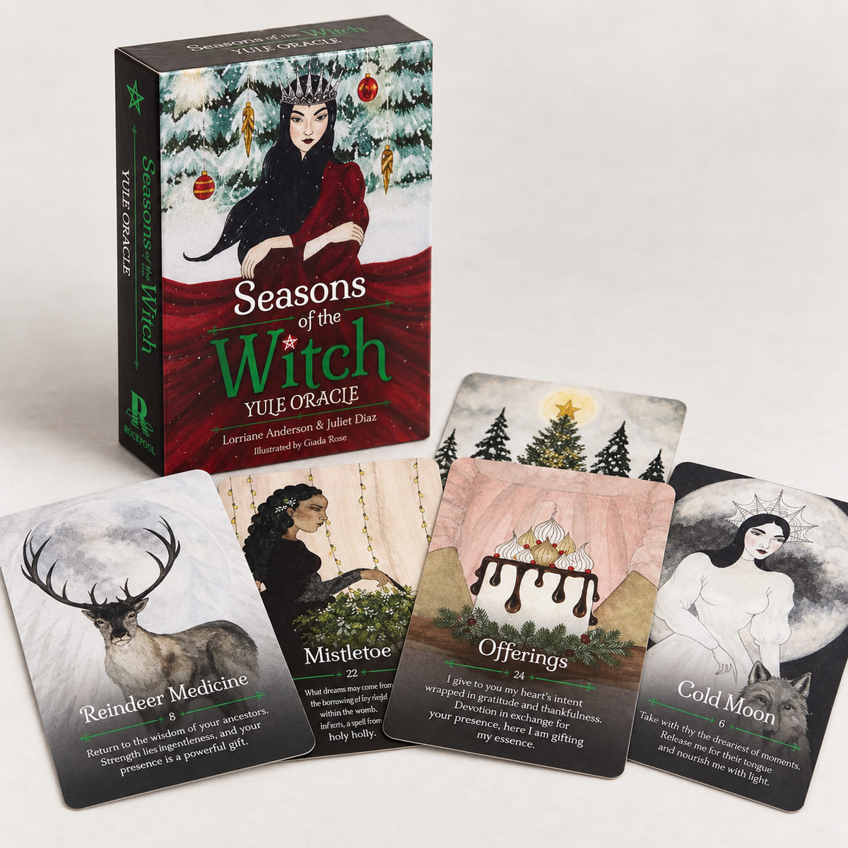 Seasons of the Witch Yule Oracle deck box and four illustrated oracle cards