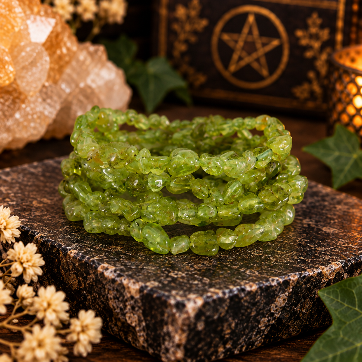 Natural Peridot Tumbled Crystal Stretch Bracelet
