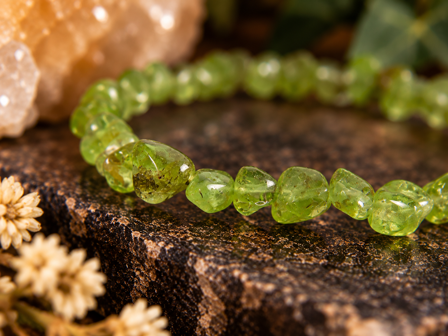 Natural Peridot Tumbled Crystal Stretch Bracelet