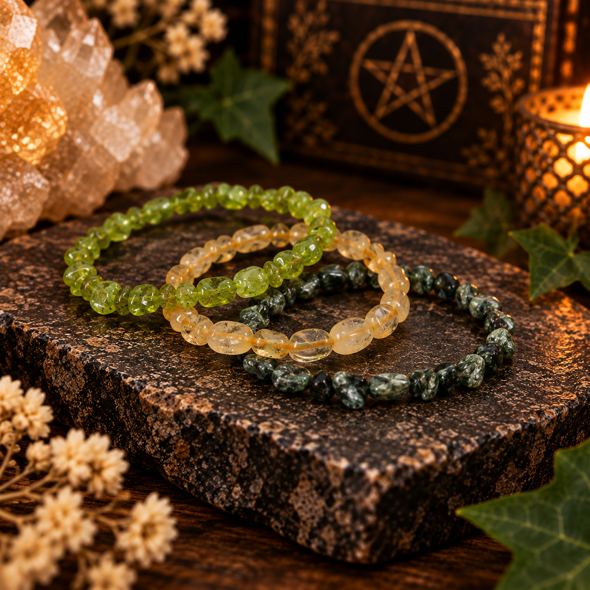 Echo Morning Dove’s Crystal Stretch Bracelet Stack Peridot, Citrine & Seraphinite