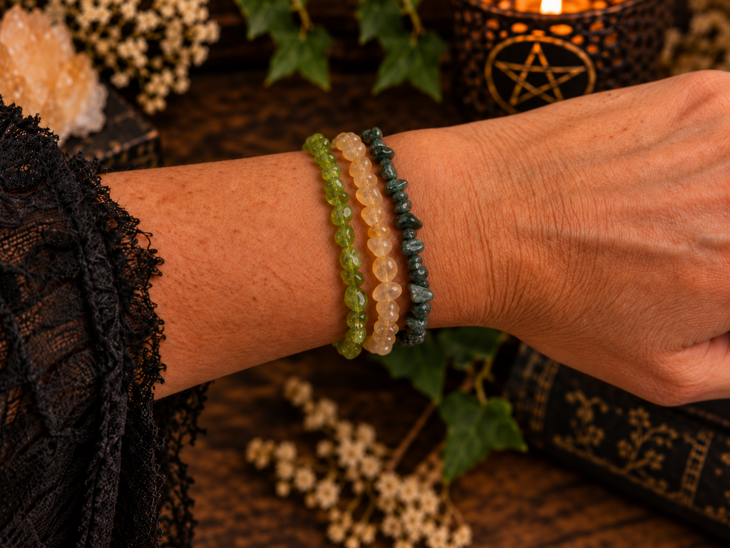 Echo Morning Dove’s Crystal Stretch Bracelet Stack Peridot, Citrine & Seraphinite
