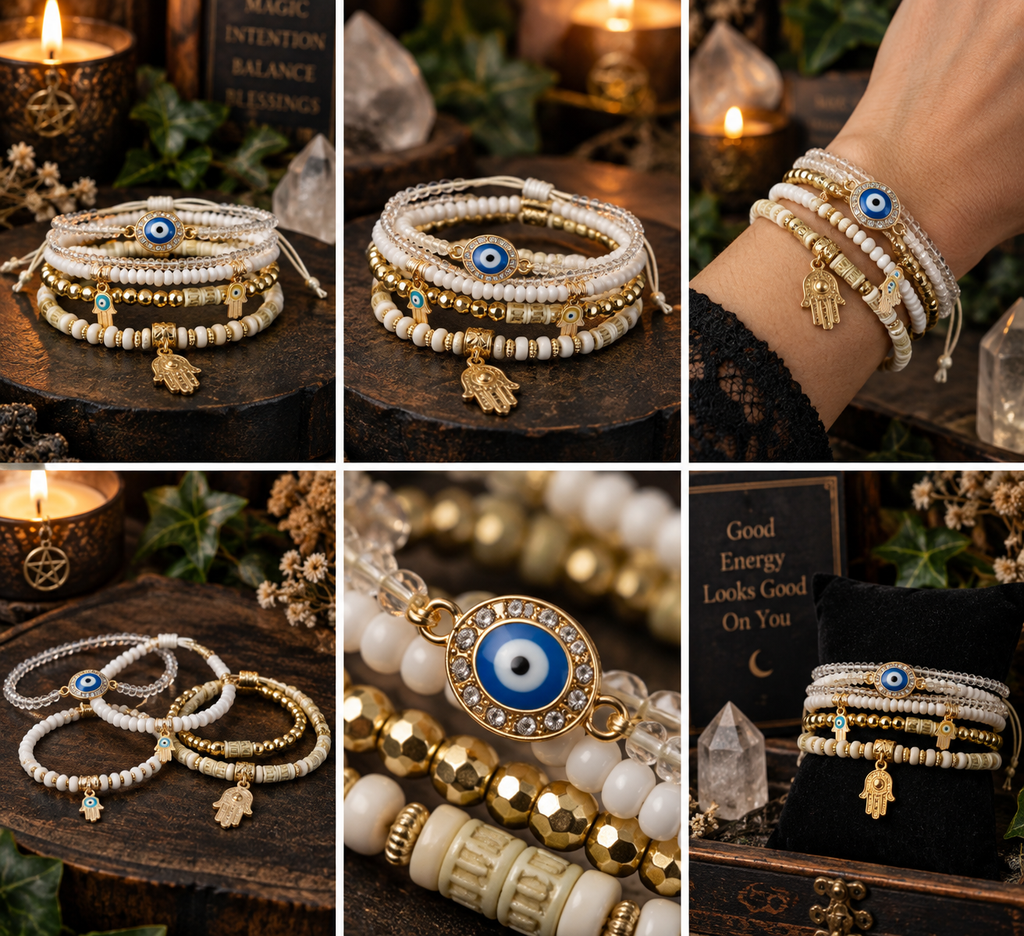 Evil eye and hamsa layered bracelet set with white and gold beads