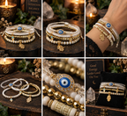 Evil eye and hamsa layered bracelet set with white and gold beads