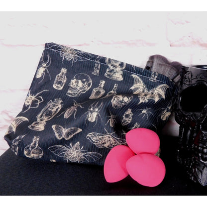 Gothic Apothecary Skull Bat Makeup Bag Vinyl Lined Travel Organizer