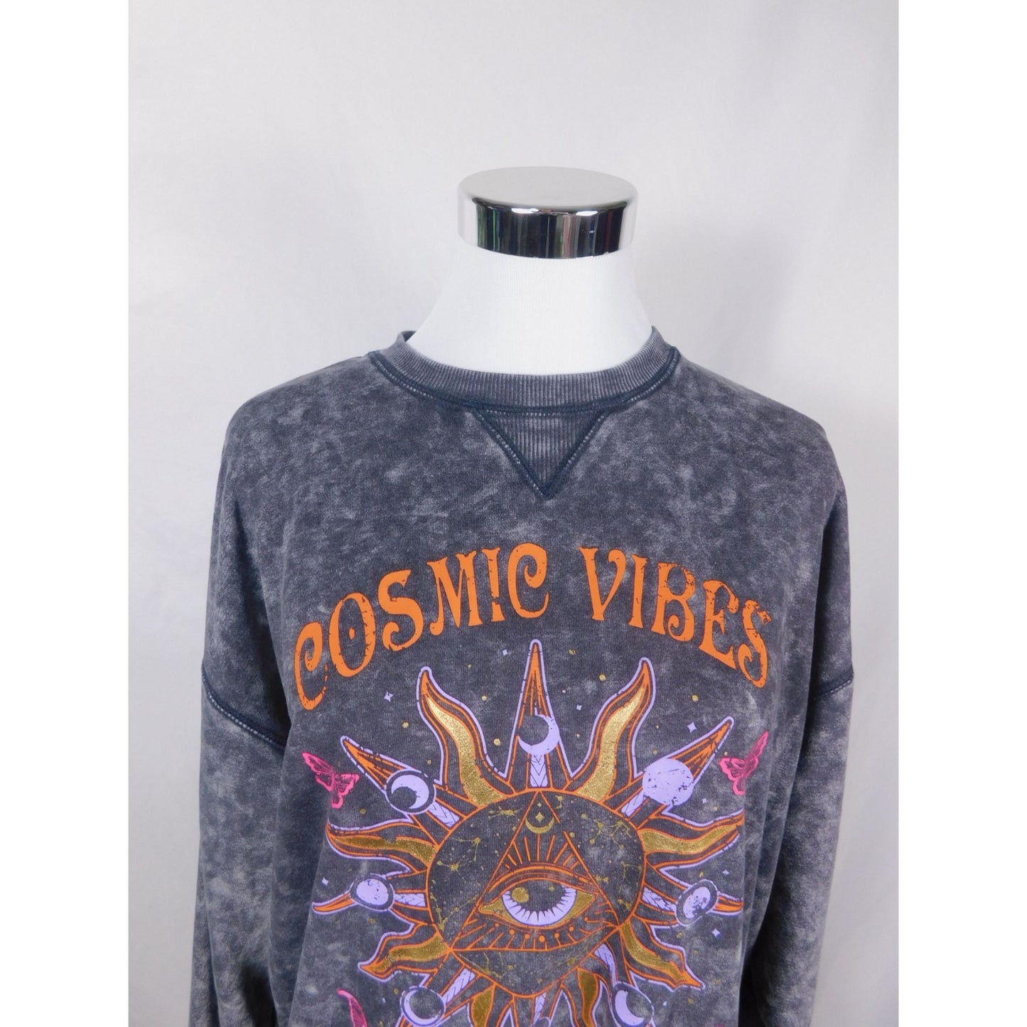Cosmic Vibes Sun Eye Sweatshirt Black Acid Wash S Boho Witchcore
