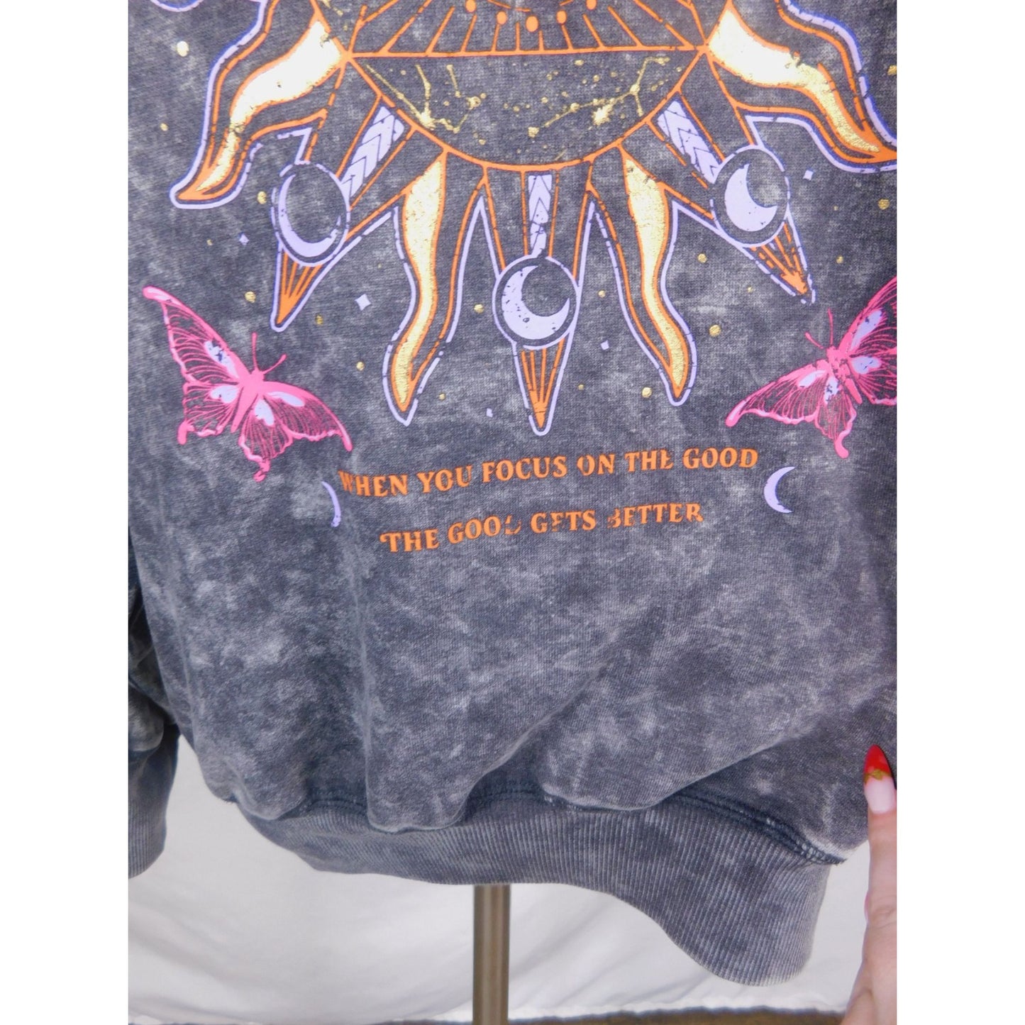 Cosmic Vibes Sun Eye Sweatshirt Black Acid Wash S Boho Witchcore