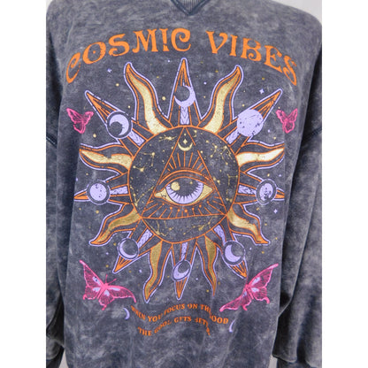 Cosmic Vibes Sun Eye Sweatshirt Black Acid Wash S Boho Witchcore