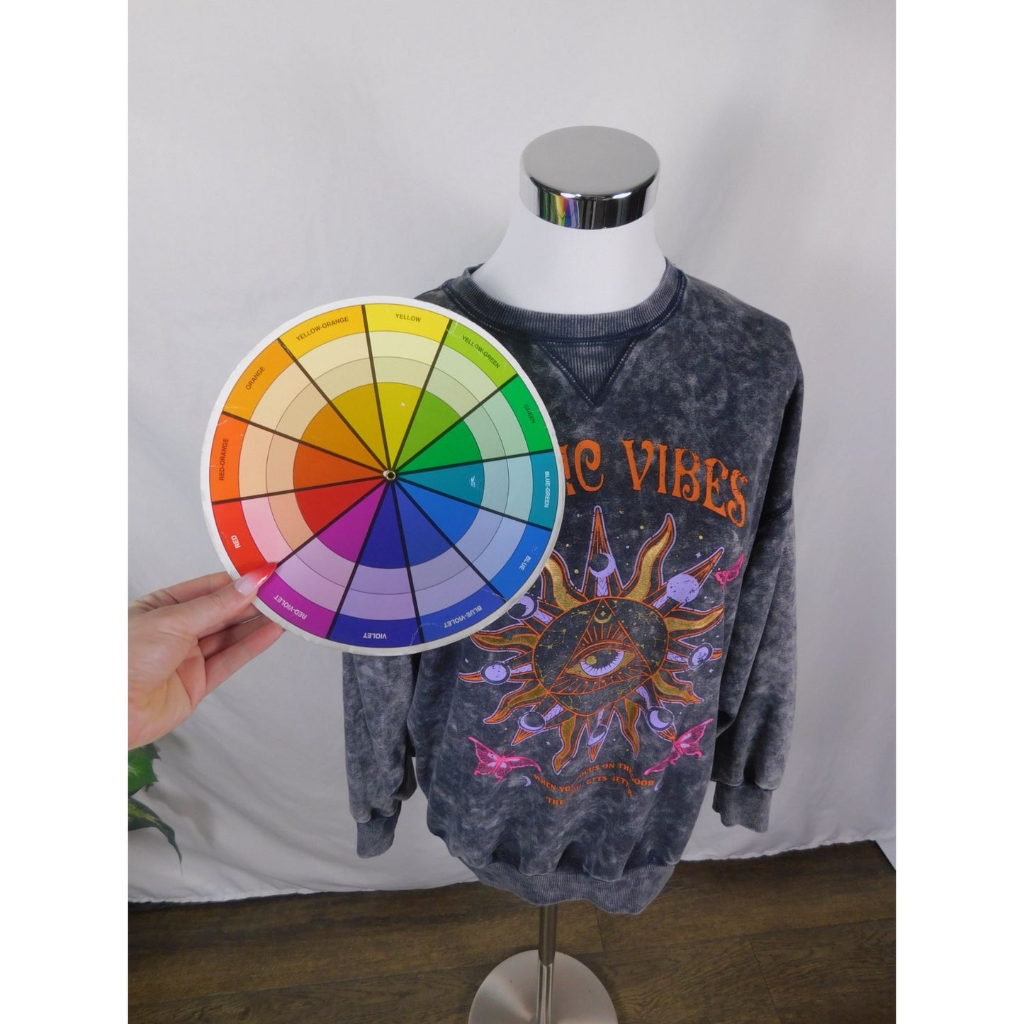 Cosmic Vibes Sun Eye Sweatshirt Black Acid Wash S Boho Witchcore