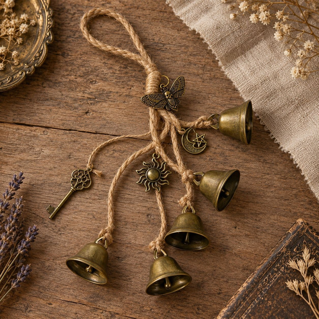 Brass-tone witch bells with sun moon key and moth charms hanging on jute rope