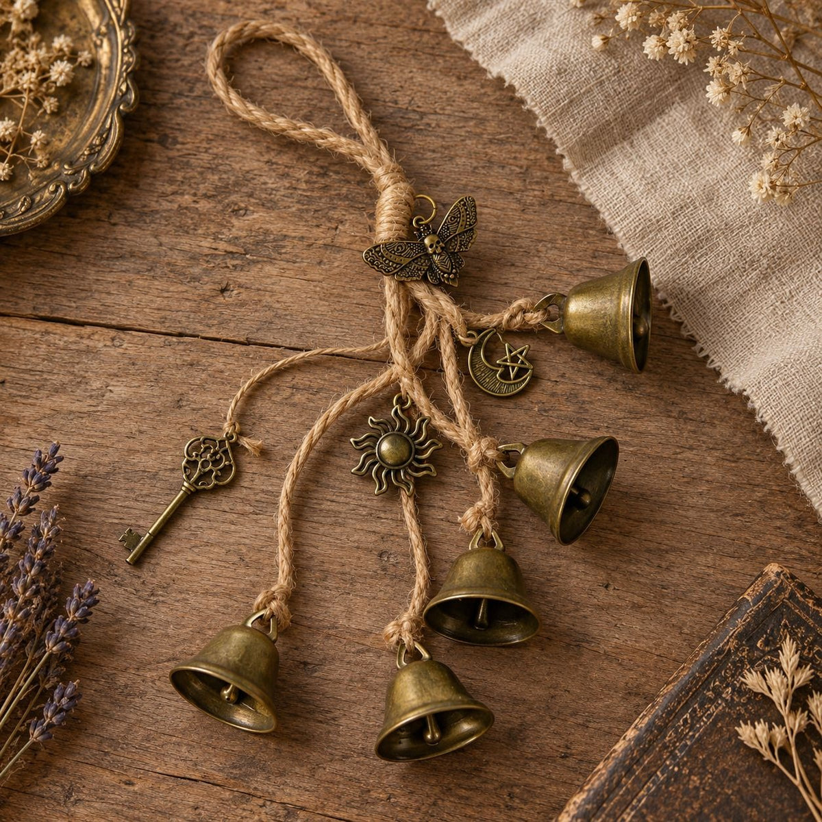 Brass-Tone Witch Bells with Sun, Moon, Key & Moth Charms