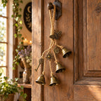 Brass-tone witch bells with sun moon key and moth charms hanging on a wooden door