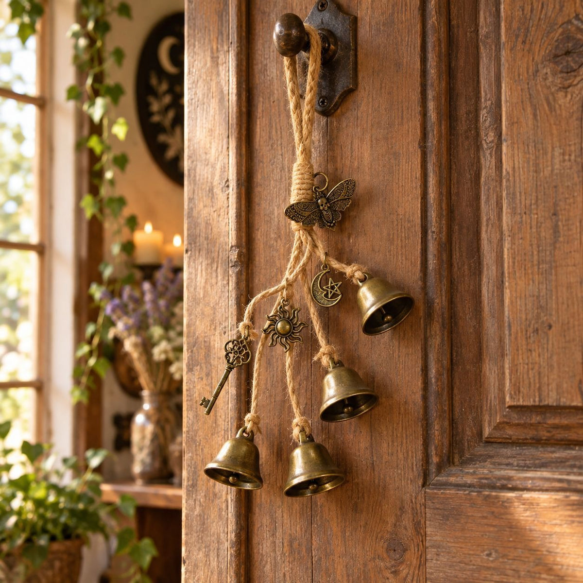 Brass-tone witch bells with sun moon key and moth charms hanging on a wooden door