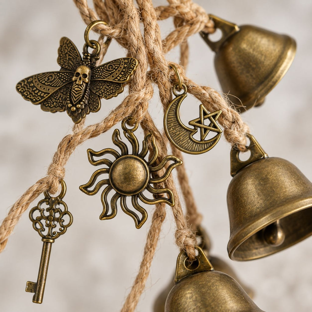 Brass tone witch bells with sun moon key and moth charms hanging on jute rope