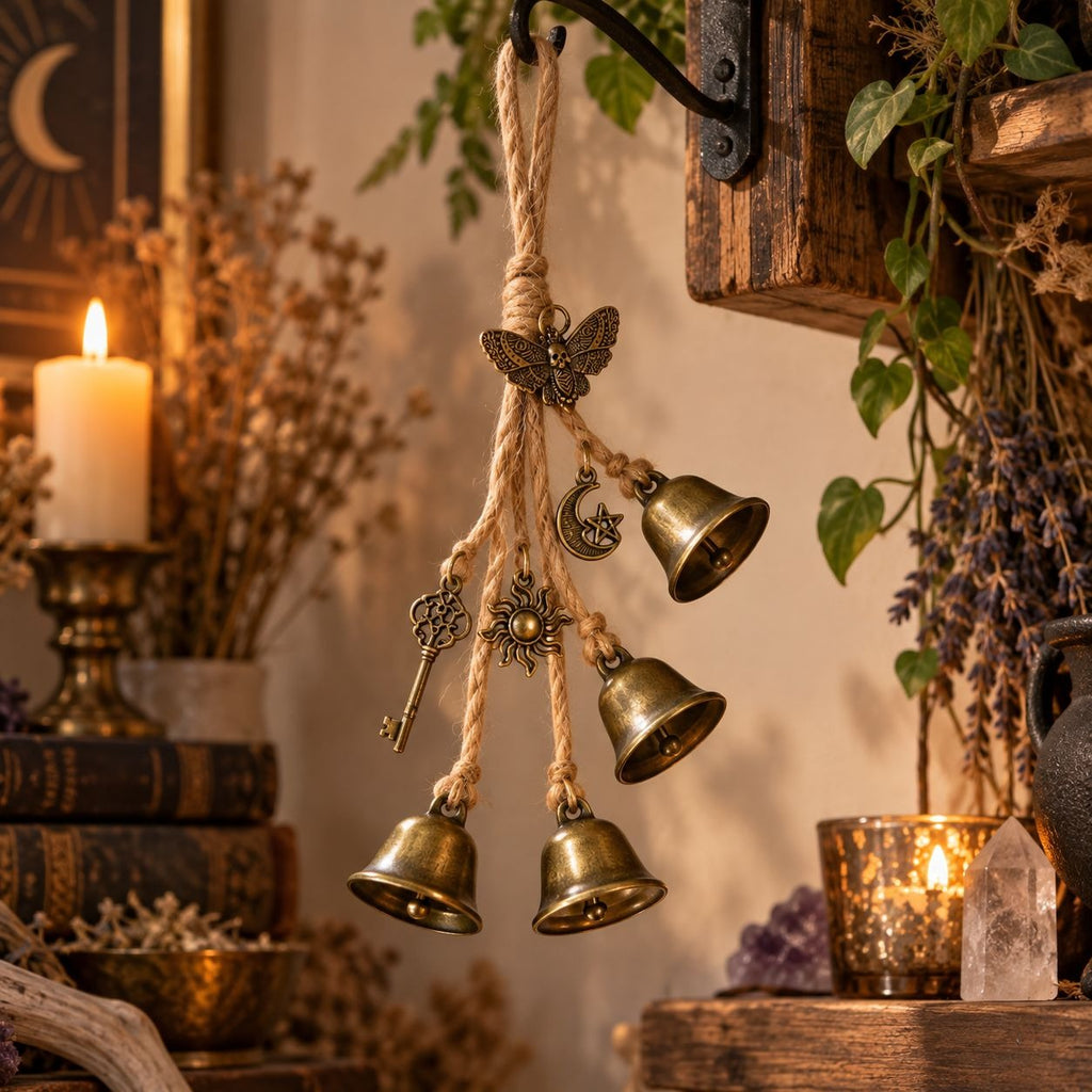 Brass-tone witch bells hanging on jute rope with sun moon key and moth charms