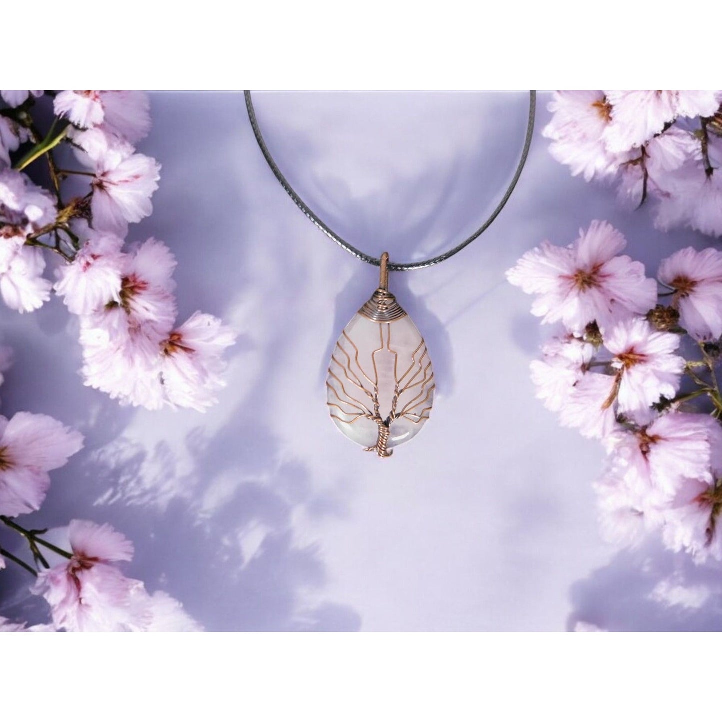 Rose Quartz Tree of Life Pendant Necklace Healing Crystal Jewelry 18" Cord