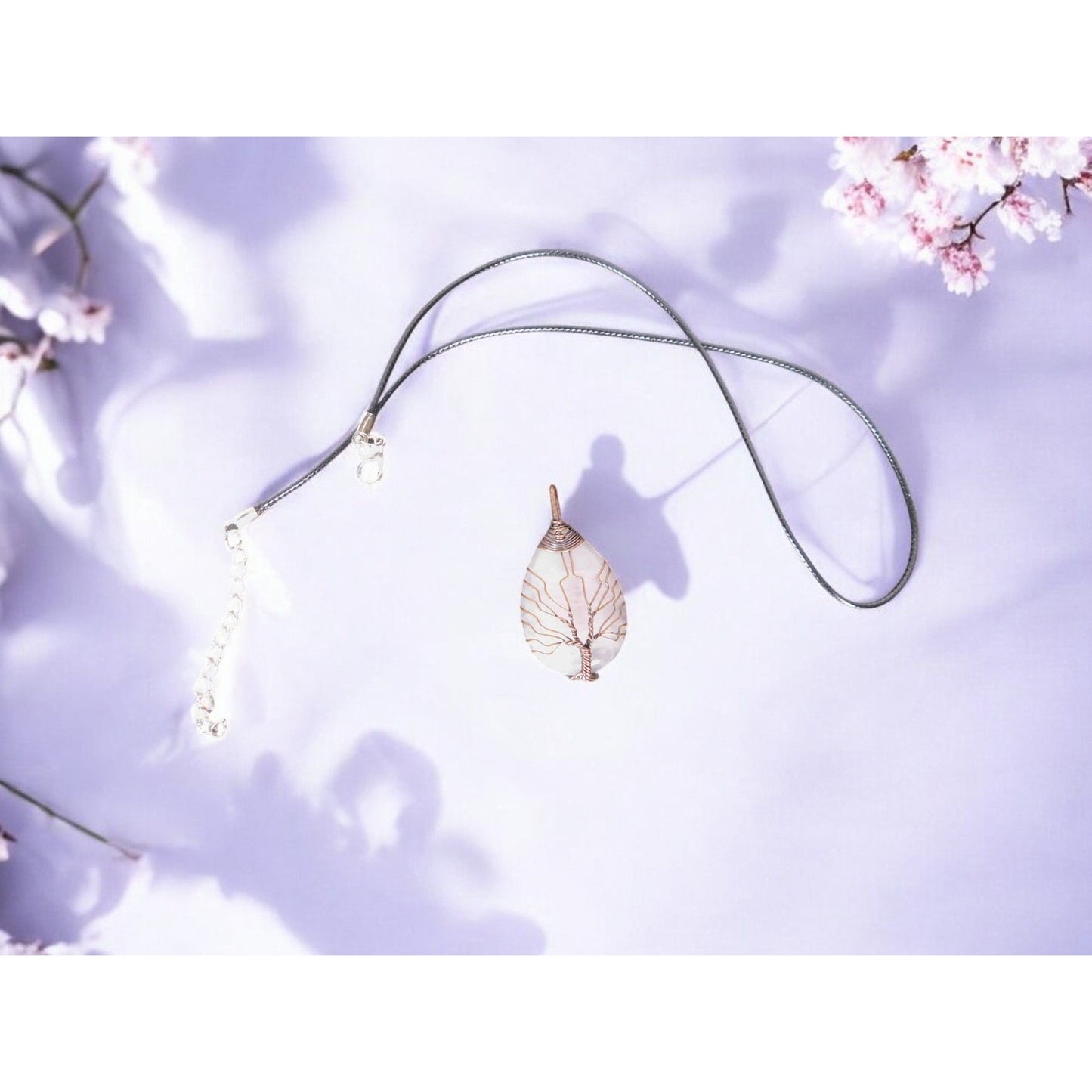 Rose Quartz Tree of Life Pendant Necklace Healing Crystal Jewelry 18" Cord