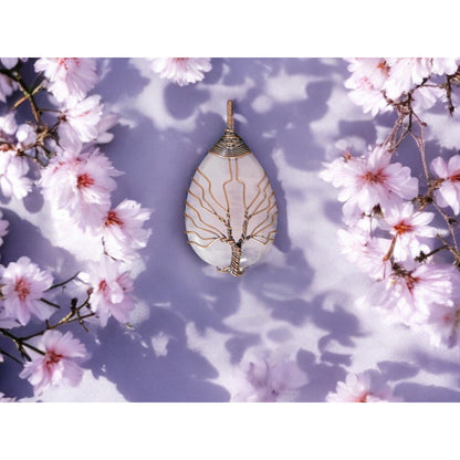 Rose Quartz Tree of Life Pendant Necklace Healing Crystal Jewelry 18" Cord