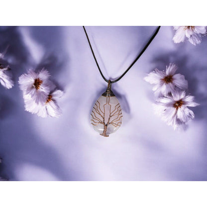 Rose Quartz Tree of Life Pendant Necklace Healing Crystal Jewelry 18" Cord