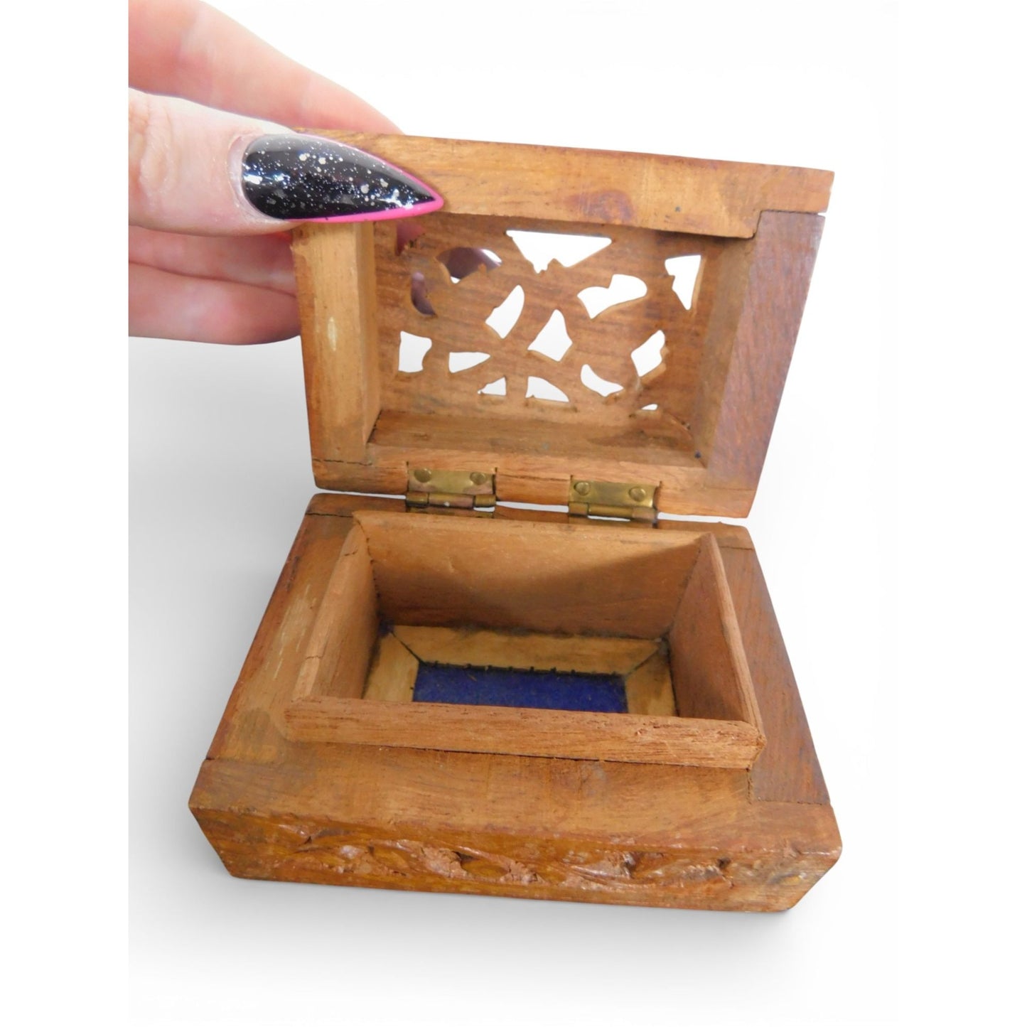 Hand Carved Wooden Trinket Box Pierced Lid Vintage Folk Art