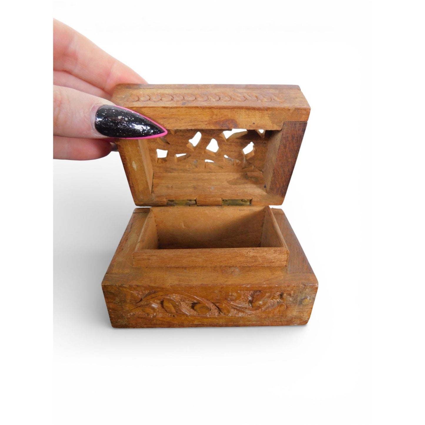 Hand Carved Wooden Trinket Box Pierced Lid Vintage Folk Art