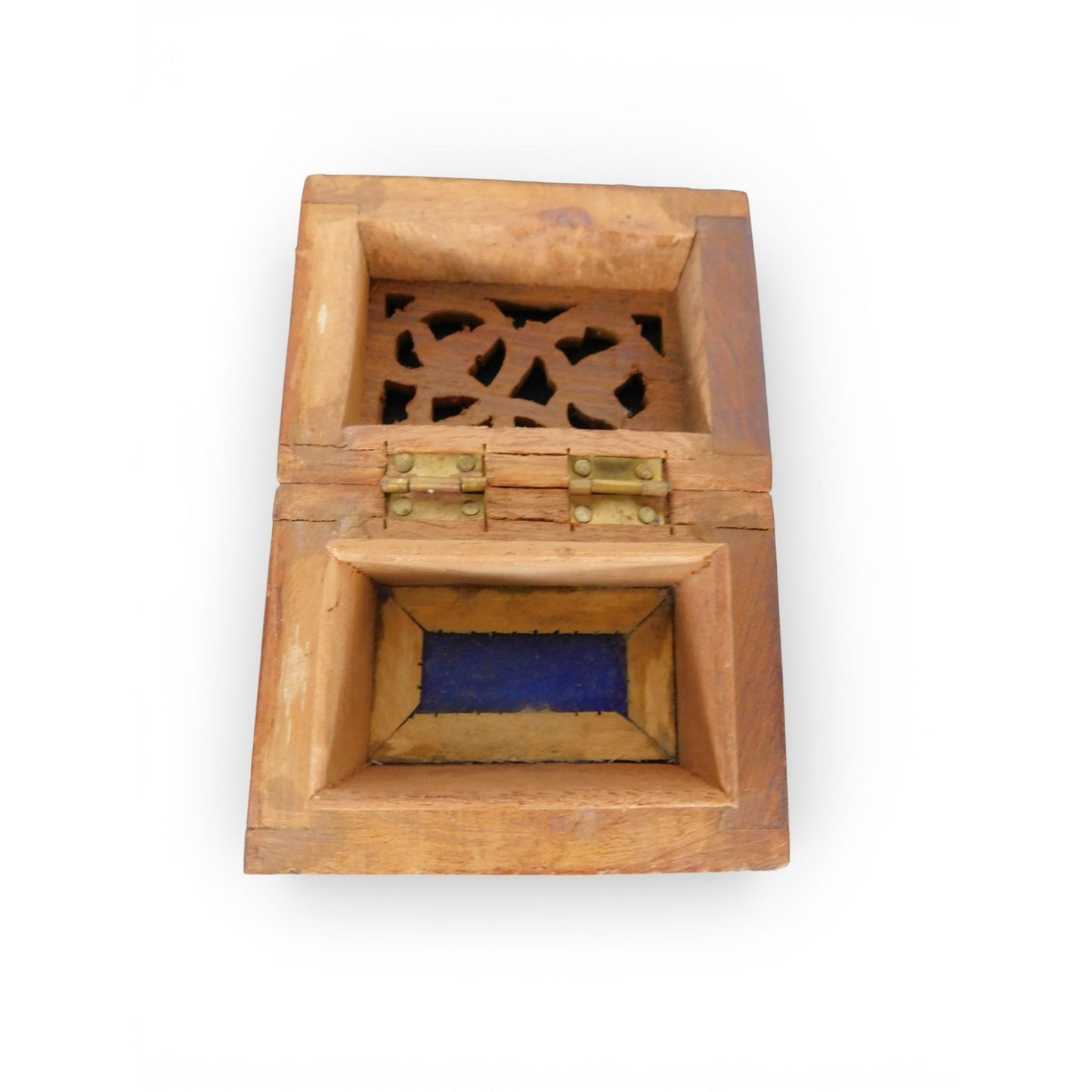 Hand Carved Wooden Trinket Box Pierced Lid Vintage Folk Art