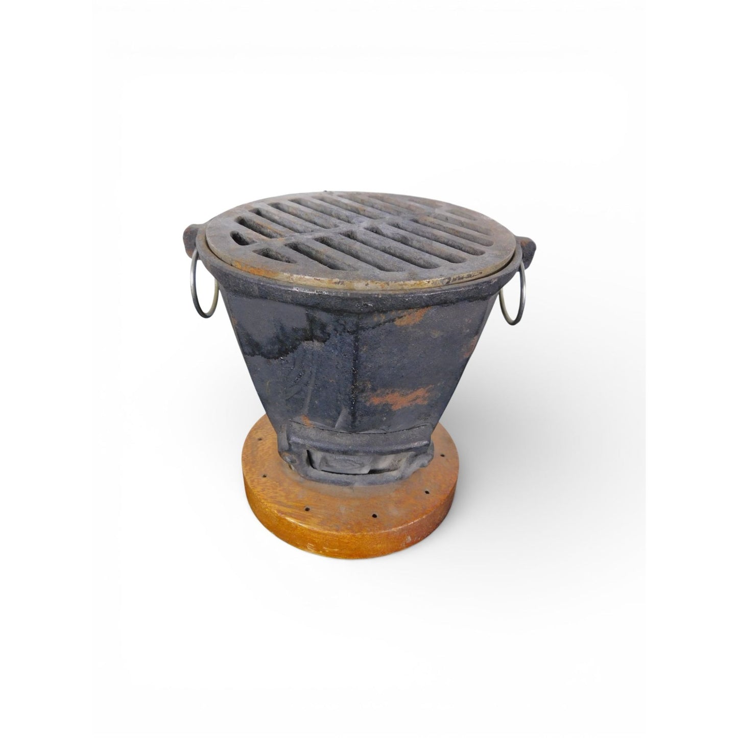 Antique Cast Iron Charcoal Brazier Incense Burner Wood Base